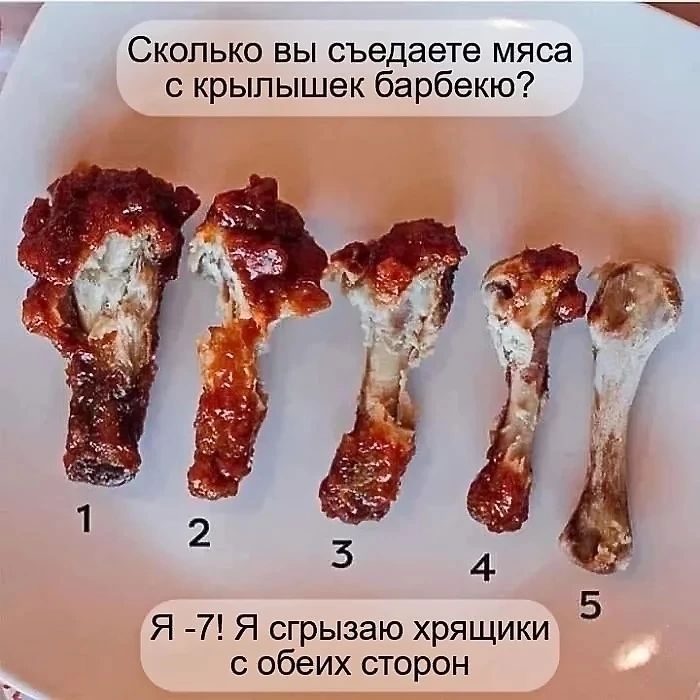 Вь Сколько вы съедаете мяса с крылышек барбекю Я 7 Я сгрызаю хрящики с обеих сторон