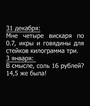 31 декабря Мне четыре вискаря по 07 икры и говядины для стейков килограмма три З января В смысле соль 16 рублей 145 же была