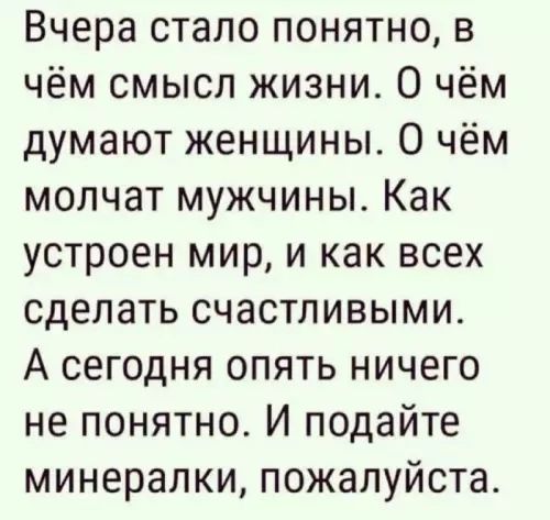 Вчера стало понятно в чём смысл жизни О чём думают женщины О чём молчат мужчины Как устроен мир и как всех сделать счастливыми А сегодня опять ничего не понятно И подайте минералки пожалуйста