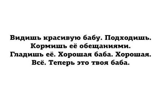 Видишь красивую бабу Подходишь Кормишь её обещаниями Гладишь её Хорошая баба Хорошая Всё Теперь это твоя баба