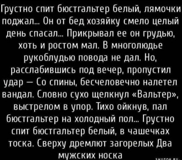 Грустно спит бюстгальтер белый лямочки поджал Он от бед хозяйку смело целый день спасал Прикрывал ее он грудью хоть и ростом мал В многолюдье рукоблудью повода не дал Но расслабившись под вечер пропустил удар Со спины бесчеловечно налетел вандал Словно сухо щелкнул Вальтер выстрелом в упор Тихо ойкнув пал бюстгальтер на холодный пол Грустно спит бю