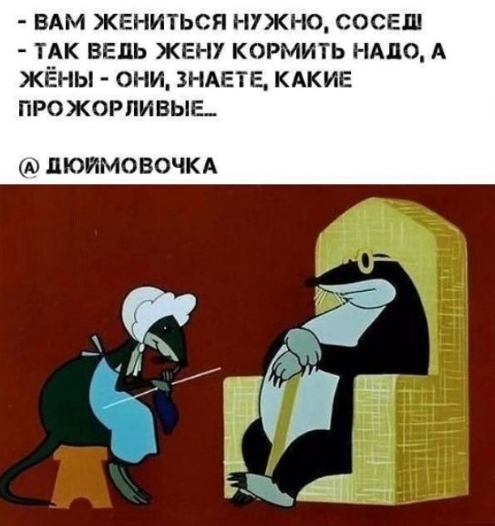 ВАМ ЖЕНИТЬСЯ НУЖНО СОСЕЩ ТАК ВЕДЬ ЖЕНУ КОРМИТЬ НАДО А ЖЁНЫ ОНИ ЗНАЕТЕ КАКИЕ ПРОЖОРЛИВЫЕ ДЮЙМОВОЧКА