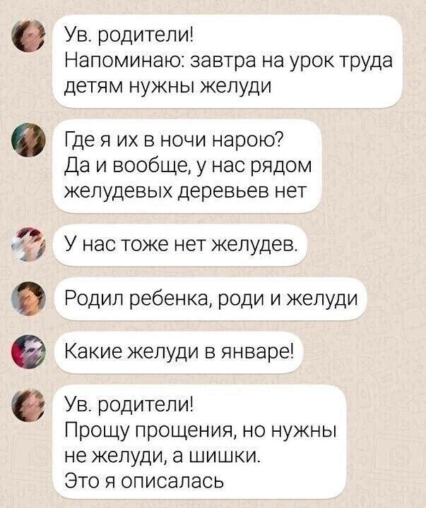 соос Ув родители Напоминаю завтра на урок труда детям нужны желуди Где я их в ночи нарою Даи вообще у нас рядом желудевых деревьев нет У нас тоже нет желудев Родил ребенка роди и желуди Какие желуди в январе Ув родители Прощу прощения но нужны не желуди а шишки Это я описалась