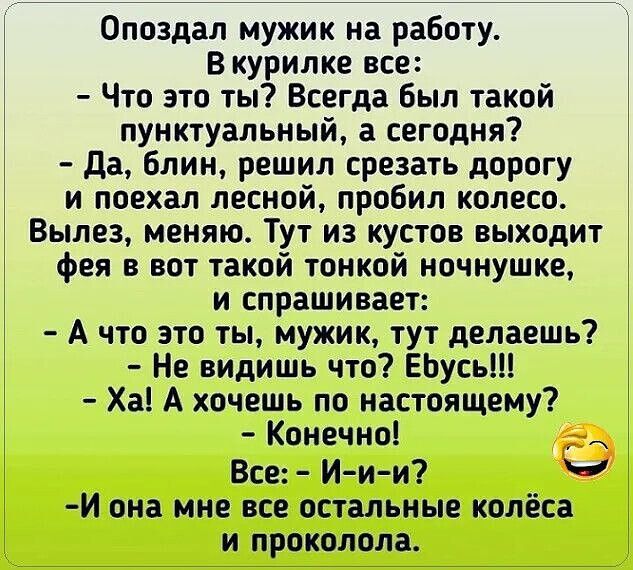 Опоздал мужик на работу Вкурилке все Что это ты Всегда был такой пунктуальный а сегодня Да блин решил срезать дорогу и поехал лесной пробил колесо Вылез меняю Тут из кустов выходит фея в вот такой тонкой ночнушке и спрашивает А что это ты мужик тут делаешь Не видишь что Ебусь Ха А хочешь по настоящему Конечно Все И и и ь Й она мне все остальные кол