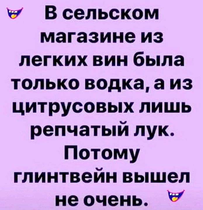 В сельском магазине из легких вин была только водкаа из цитрусовых лишь репчатый лук Потому глинтвейн вышел неочень