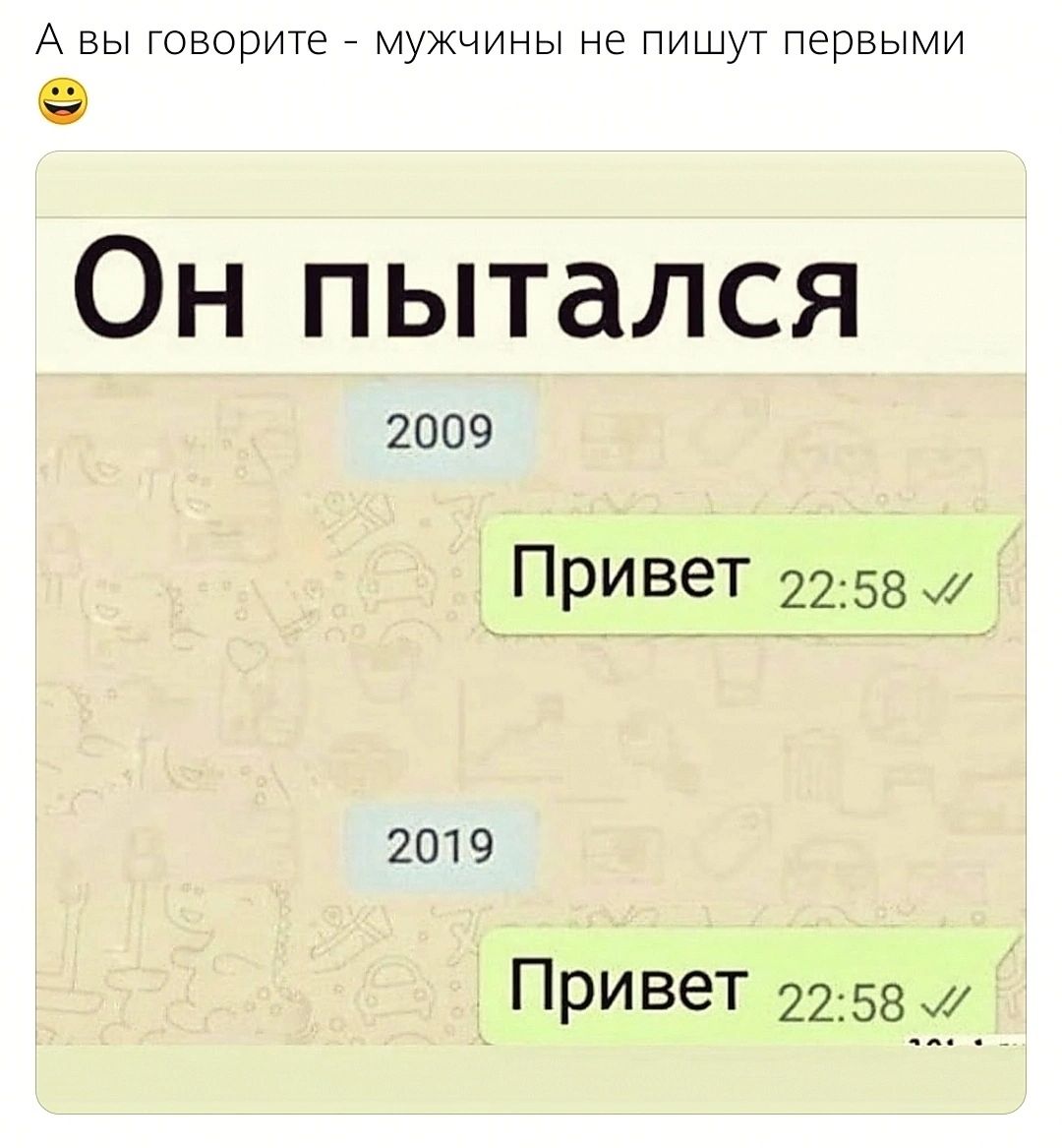 А вы говорите мужчины не пишут первыми Он пытался 2009 Привет 2258 2019 Привет 2258