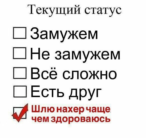 Текущий статус Замужем Не замужем Всё сложно Есть друг Шлю нахер чаще чемздороваюсь