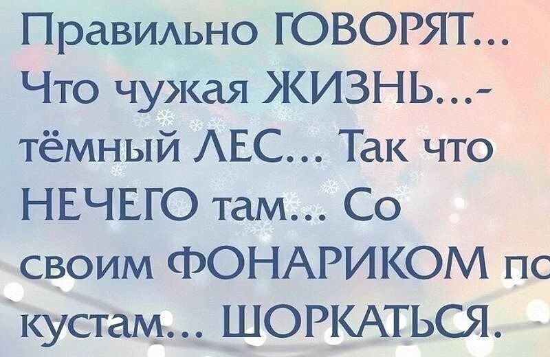 Правильно ГОВОРТЯТ Что чужая ЖИЗНЬ тёмный ЛЕС Так что НЕЧЕГО там Со своим ФОНАРИКОМ пс кустам ШОРКАТЬСЯ