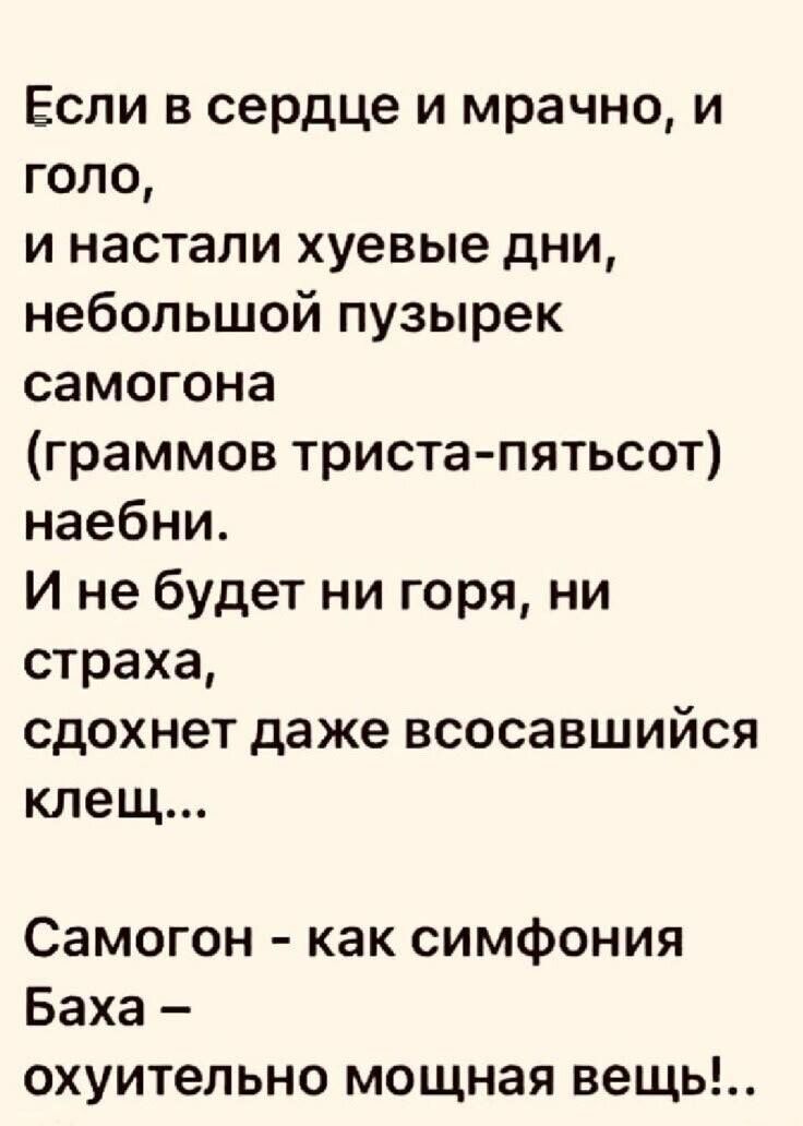 Если в сердце и мрачно и голо и настали хуевые дни небольшой пузырек самогона граммов триста пятьсот наебни И не будет ни горя ни страха сдохнет даже всосавшийся клещ Самогон как симфония Баха охуительно мощная вещь