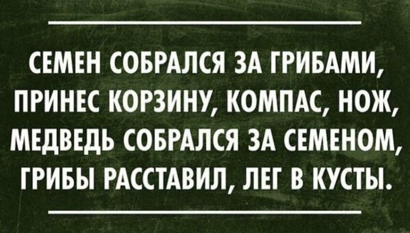 СЕМЕН СОБРАЛСЯ ЗА ГРИБАМИ ПРИНЕС КОРЗИНУ КОМПАС НОЖ МЕДВЕДЬ СОБРАЛСЯ ЗА СЕМЕНОМ ГРИБЫ РАССТАВИЛ ЛЕГ В КУСТЫ