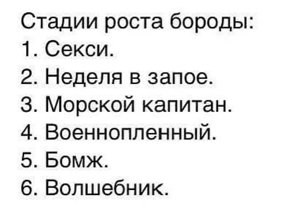 Стадии роста бороды 1 Секси 2 Неделя в запое 3 Морской капитан 4 Военнопленный 5 Бомж 6 Волшебник