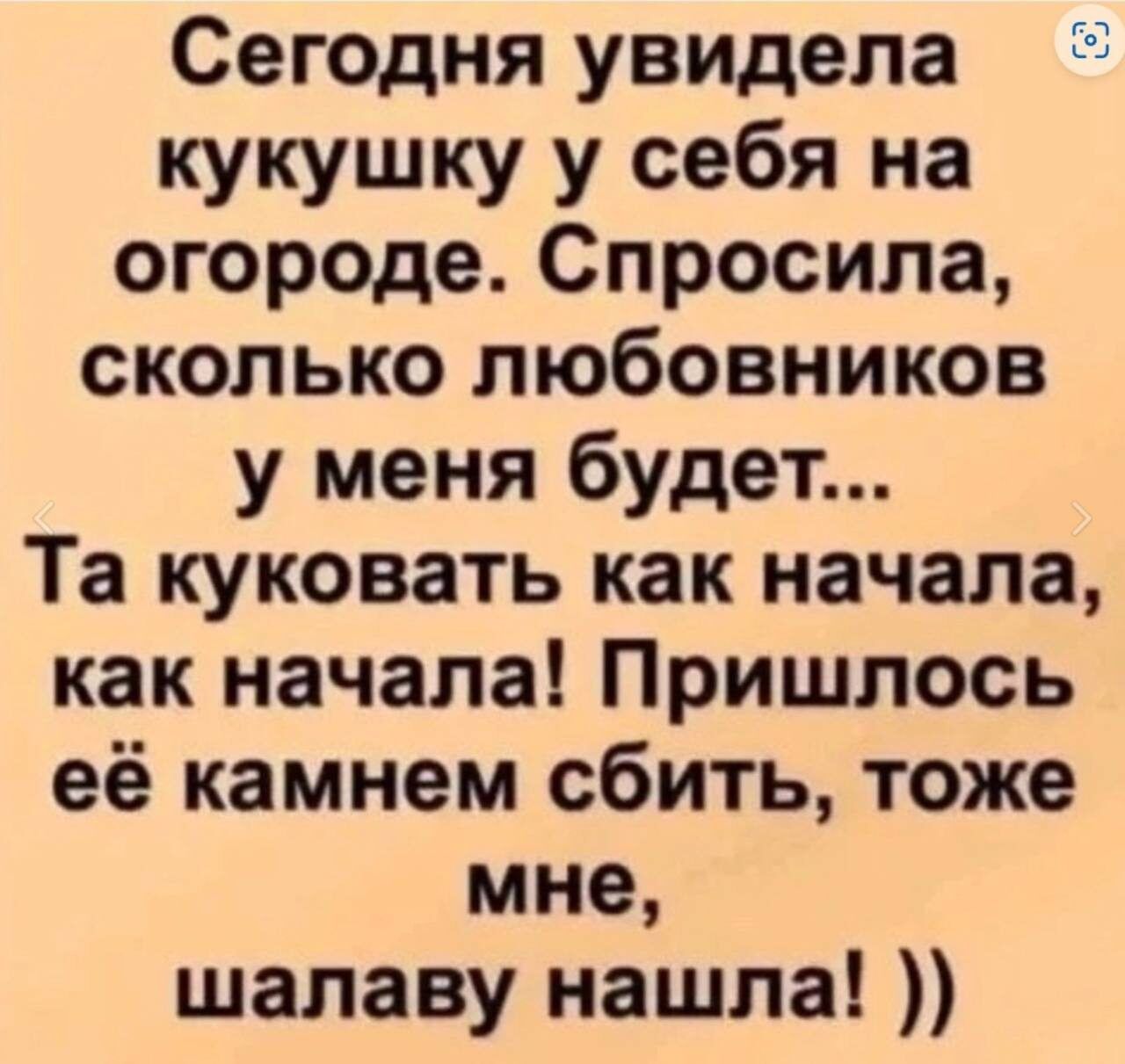 Сегодня увидела кукушку у себя на огороде Спросила сколько любовников у меня будет Та куковать как начала как начала Пришлось её камнем сбить тоже мне шалаву нашла