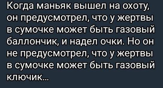 Когда маньяк вышел на охоту он предусмотрел что у жертвы в сумочке может быть газовый баллончик и надел очки Но он не предусмотрел что у жертвы в сумочке может быть газовый КЛлючИК