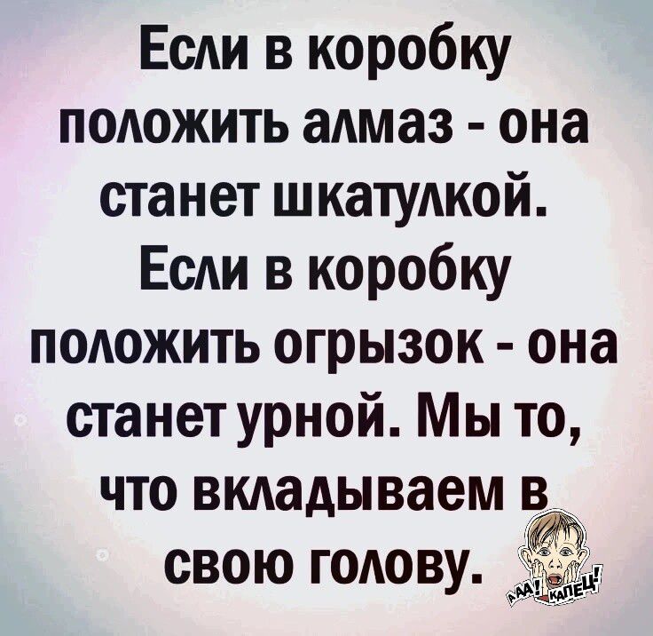 Если в коробку положить алмаз  она станет шкатулкой. Если в коробку положить огрызок  она станет урной. Мы то, что вкладываем в. Свою голову.