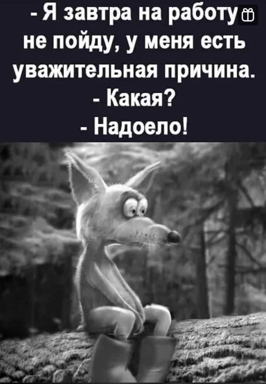 я завтра на работу  не пойду, у меня есть уважительная причина.  Какая?  Надоело!