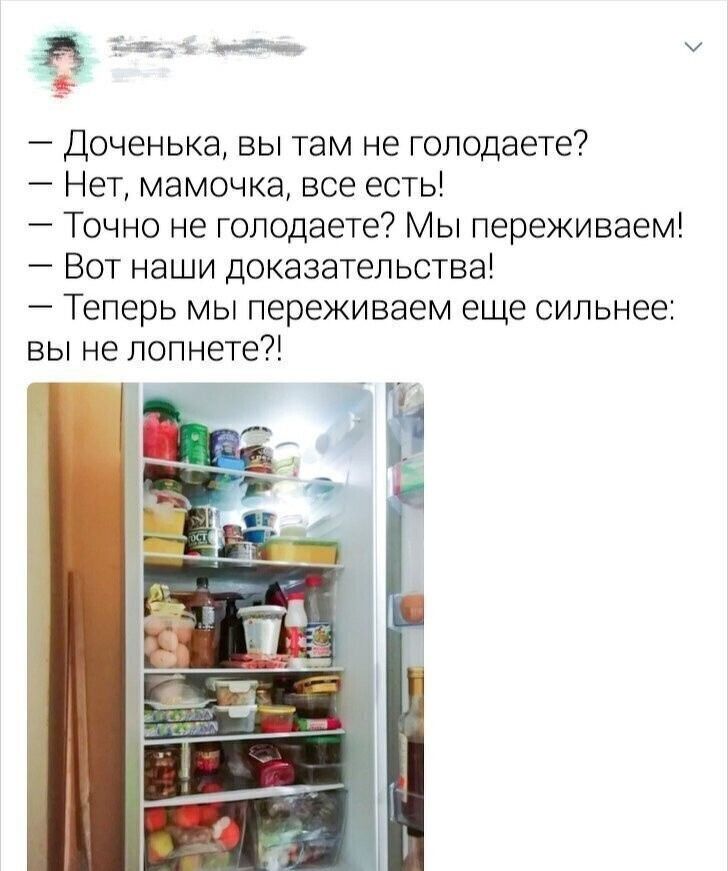 — Доченька, вы там не голодаете?
— Нет, мамочка, все есть!
— Точно не голодаете? Мы переживаем!
— Вот наши доказательства!
— Теперь мы переживаем еще сильнее: вы не лопнете?!