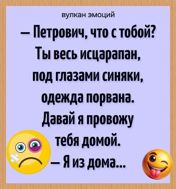 — Петрович, что с тобой? Ты весь исцарапан, под глазами синяки, одежда порвана. Давай я провожу тебя домой. — Я из дома...