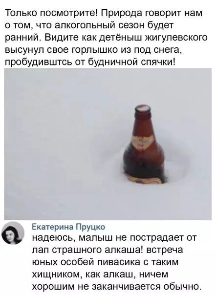 Только посмотрите! Природа говорит нам о том, что алкогольный сезон будет ранний. Видите как детёныш жигулевского высунул свое горлышко из под снега, пробудитесь от будничной спячки!
Екатерина Пруцко
надеюсь, малыш не пострадает от плана страшного алкаша! встреча юных особей пивасика с таким хищником, как алкаш, ничем хорошим не заканчивается обычно.