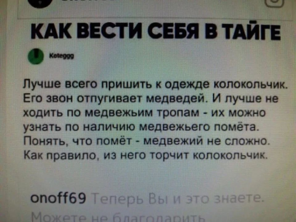 Как вести себя в тайге

Лучше всего пришить к одежде колокольчик. Его звон отпугивает медведей. И лучше не ходить по медвежьим тропам - их можно узнать по наличию медвежьего помёта.
Понять, что помёт - медвежий не сложно. Как правило, из него торчит колокольчик.

off69 Теперь Вы и это знаете. Можете не благодарить.