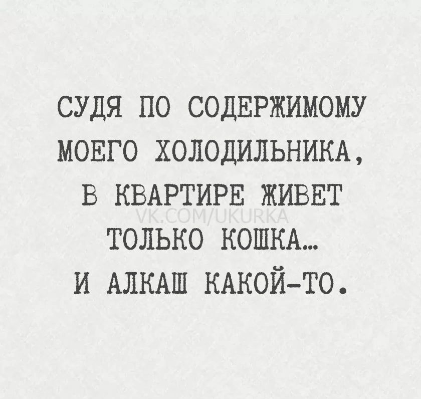 СУДЯ ПО СОДЕРЖИМОМУ МОЕГО ХОЛОДИЛЬНИКА, В КВАРТИРЕ ЖИВЕТ ТОЛЬКО КОШКА... И АЛКАШ КАКОЙ-ТО.