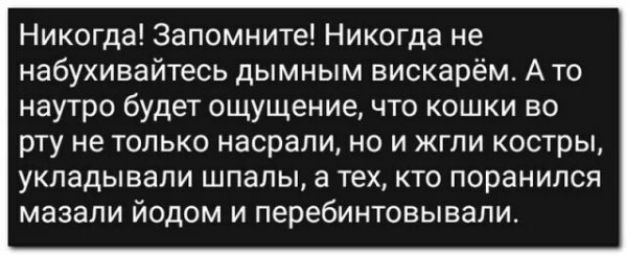 Никогда! Запомните! Никогда не набухивайтесь дымным вискарём. А то наутро будет ощущение, что кошки во рту не только насрали, но и жгли костры, укладывали шпалы, а тех, кто поранился мазали йодом и перебинтовывали.