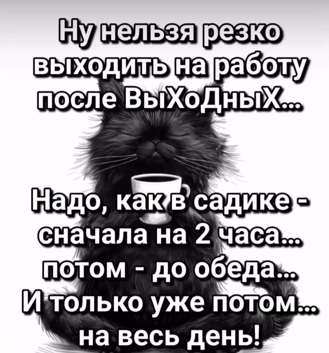 Ну нельзя резко выходить на работу после ВыХоДнЫхХ...
Надо, как в садике - сначала на 2 часа... потом - до обеда... И только уже потом... на весь день!