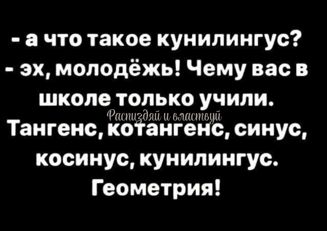 - а что такое кунилингус?
- эх, молодёжь! Чем вас в школе только учили.
Тангенс, котангенс, синус, косинус, кунилингус.
Геометрия!