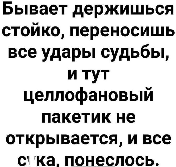 Бывает держишься стойко, переносишь все удары судьбы, и тут целлофановый пакетик не открывается, и все с*ка, понеслось.