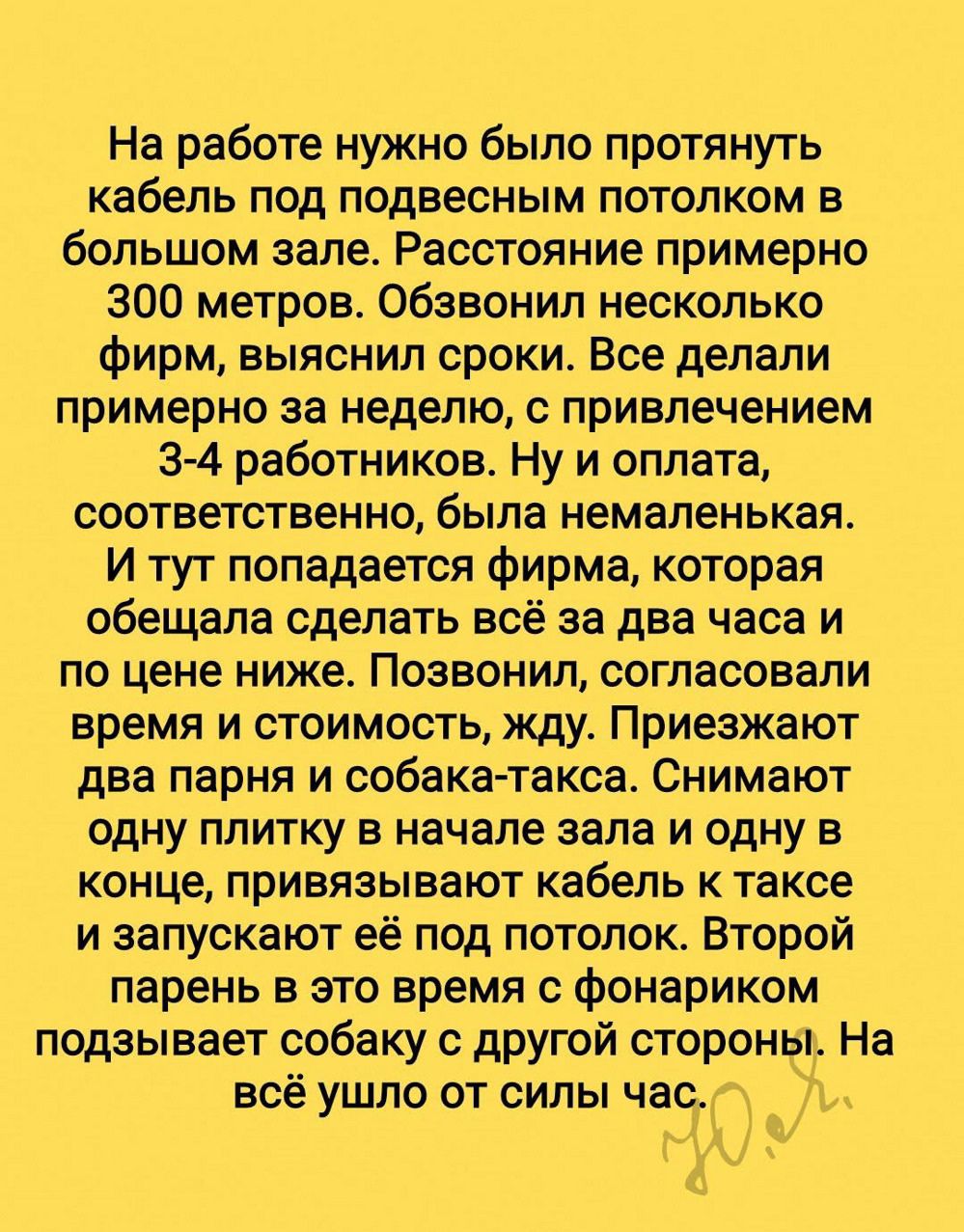 На работе нужно было протянуть кабель под подвесным потолком в большом зале. Расстояние примерно 300 метров. Обзвонил несколько фирм, выяснил сроки. Все делали примерно за неделю, с привлечением 3-4 работников. Ну и оплата, соответственно, была немаленькая. И тут попадается фирма, которая обещала сделать всё за два часа и по цене ниже. Позвонил, согласовали время и стоимость, жду. Приезжает два парня и собака-такса. Снимают одну плитку в начале зала и одну в конце, вытаскивают кабель и также и заправляют его под потолок. Второй парень в это время с фонариком подзывает собаку с другой стороны. На всё ушло от силы час.