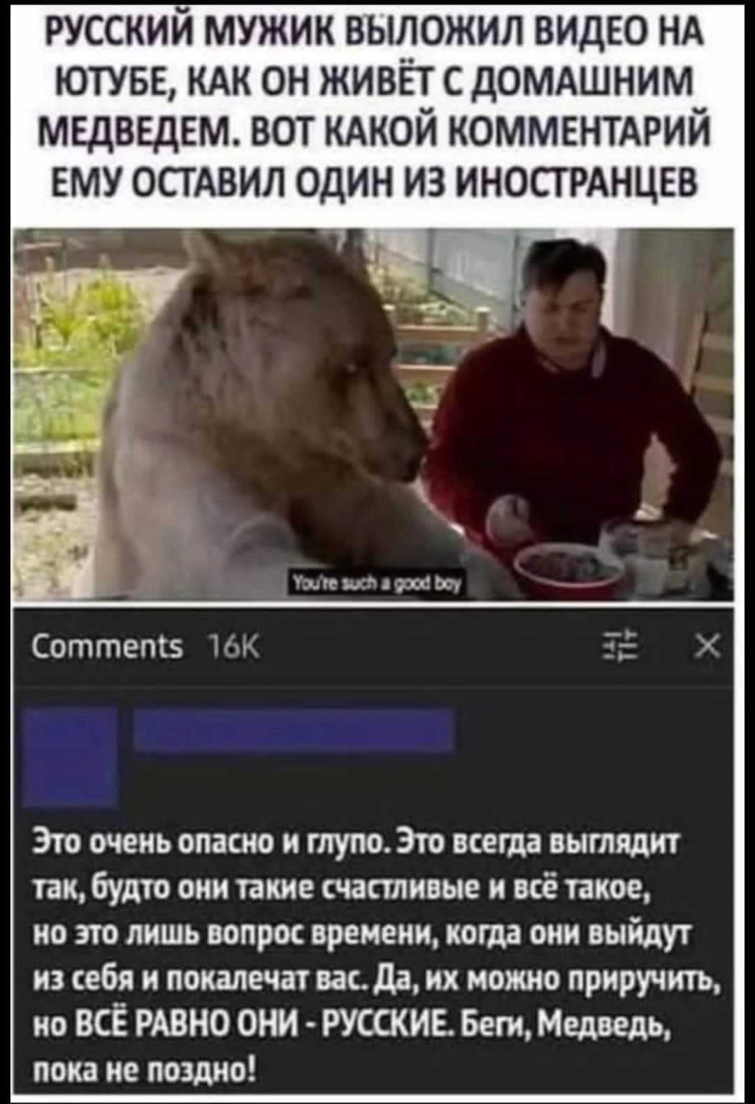 РУССКИЙ МУЖИК ВЫЛОЖИЛ ВИДЕО НА ЮТЮБЕ, КАК ОН ЖИВЁТ С ДОМАШНИМ МЕДВЕДЕМ. ВОТ КАКОЙ КОММЕНТАРИЙ ЕМУ ОСТАВИЛ ОДИН ИЗ ИНОСТРАНЦЕВ

You're such a good boy

Comments 16K

Это очень опасно и глупо. Это всегда выглядит так, будто они такие счастливые и всё такое, но это лишь вопрос времени, когда они выйдут из себя и покалечат вас. Да, их можно приручить, но ВСЁ РАВНО ОНИ - РУССКИЕ. Беги, Медведь, пока не поздно!
