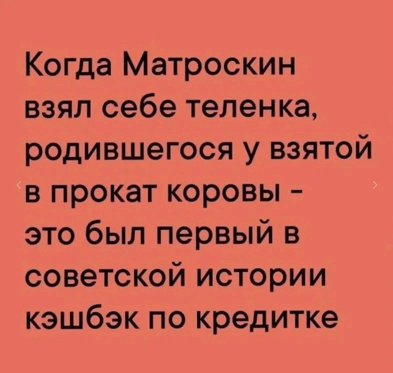 Когда Матроскин взял себе теленка, родившегося у взятой в прокат коровы - это был первый в советской истории кэшбэк по кредитке