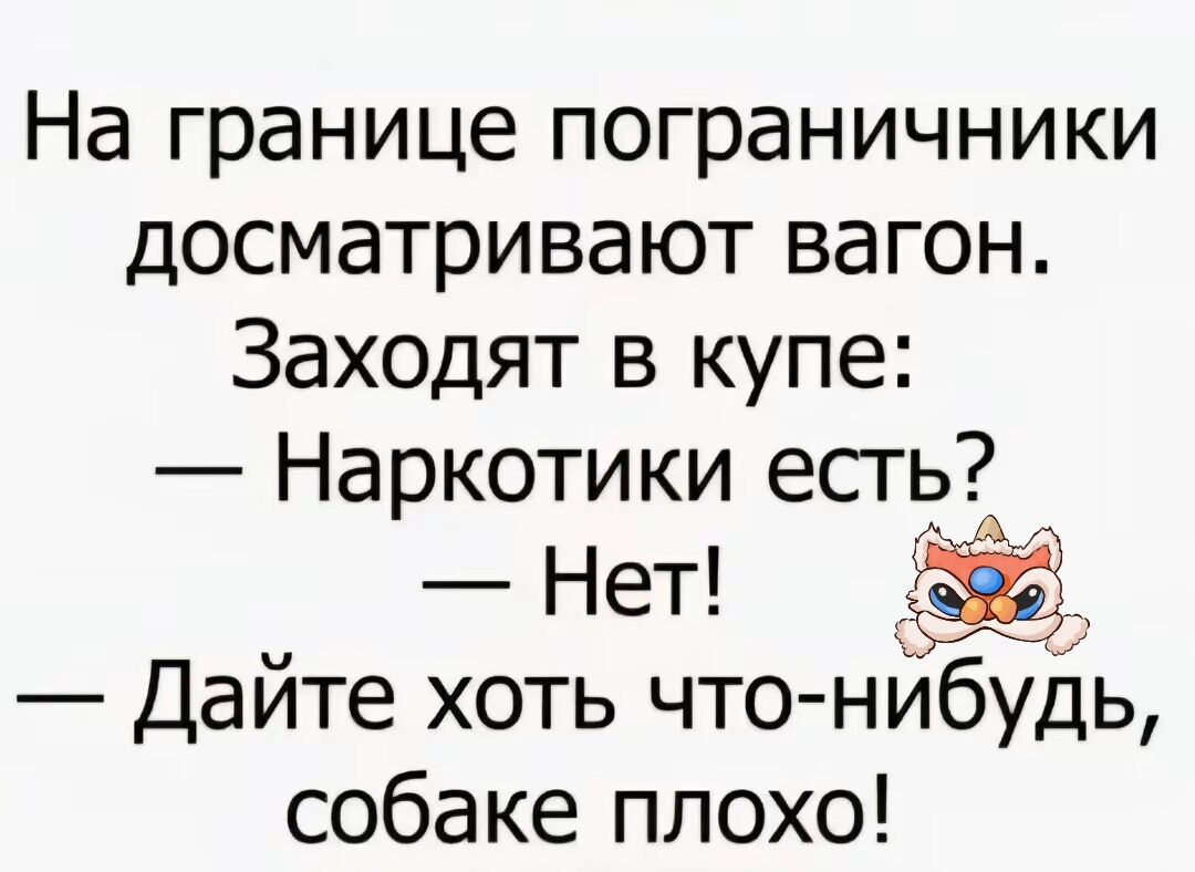 На границе пограничники досматривают вагон. Заходят в купе: — Наркотики есть? — Нет! — Дайте хоть что-нибудь, собаке плохо!