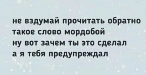 не вздумай прочитать обратно такое слово мордобой ну вот зачем ты это сделал а я тебя предупреждал