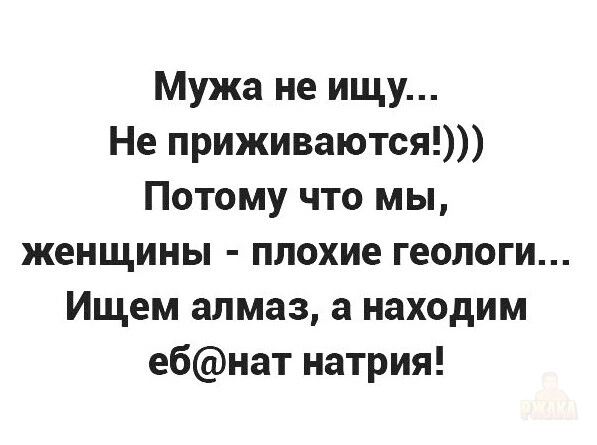 Мужа не ищу... Не приживаются!))) Потому что мы, женщины - плохие геологии... Ищем алмаз, а находим еб@нат натрий!