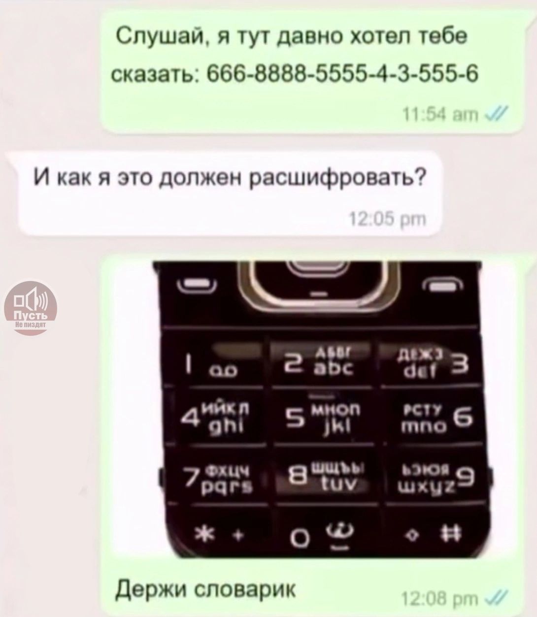 Слушай, я тут давно хотел тебе сказать: 666-8888-5555-4-3-555-6
И как я это должен расшифровать?
Держи словарик