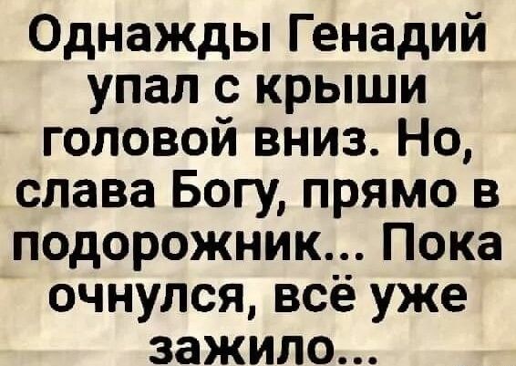 Однажды Геннадий упал с крыши головой вниз. Но, слава Богу, прямо в подорожник... Пока очнулся, всё уже зажило...