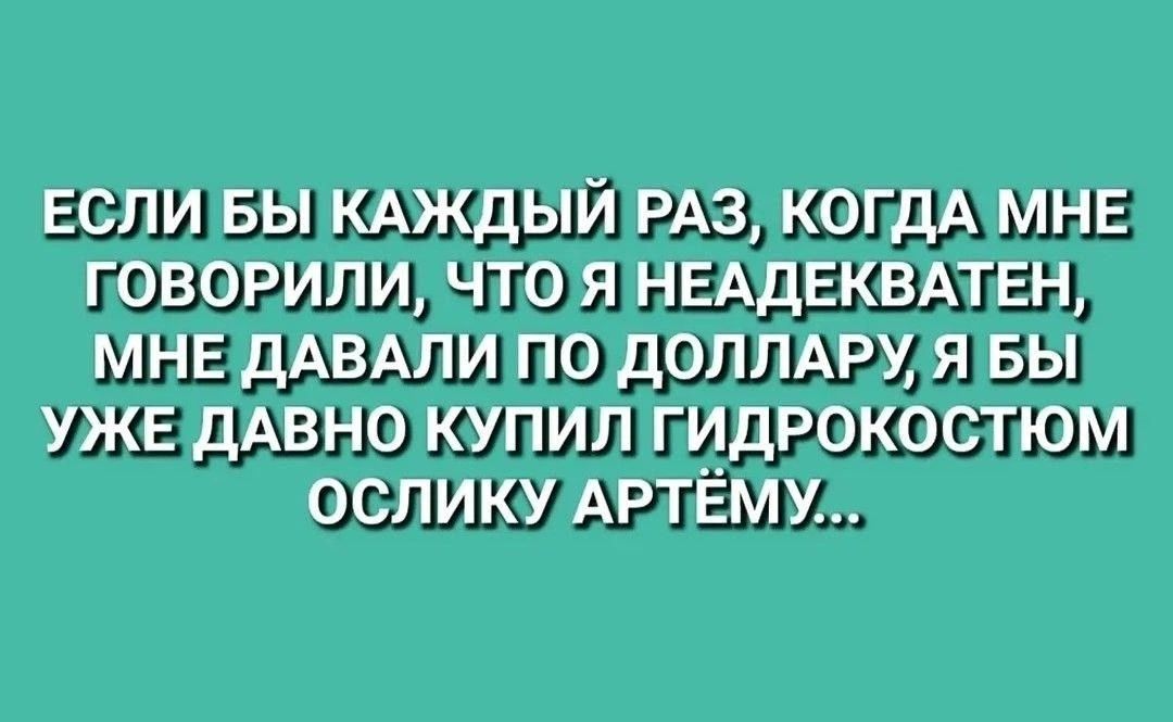 ЕСЛИ БЫ КАЖДЫЙ РАЗ, КОГДА МНЕ ГОВОРИЛИ, ЧТО Я НЕАДЕКВАТЕН, МНЕ ДАВАЛИ ПО ДОЛЛАРУ, Я БЫ УЖЕ ДАВНО КУПИЛ ГИДРОКОСТЮМ ОСЛИКУ АРТЁМУ...