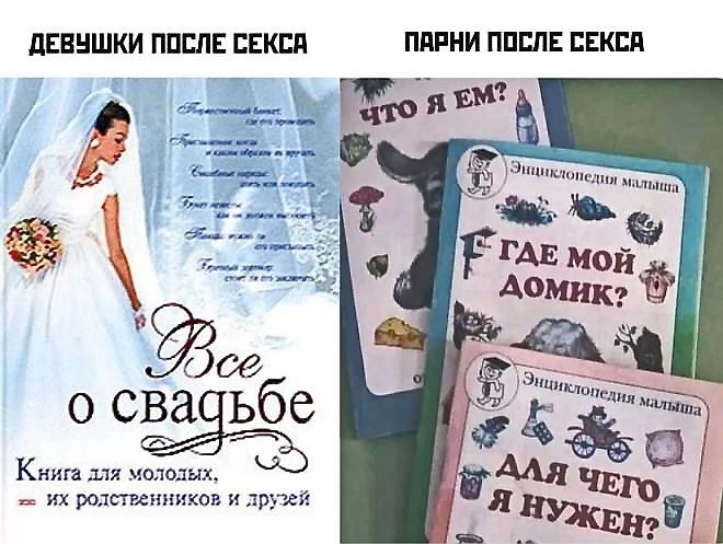 ДЕВУШКИ ПОСЛЕ СЕКСА
ВСЕ О СВАДЬБЕ
Книга для молодых, их родственников и друзей

ПАРНИ ПОСЛЕ СЕКСА
Энциклопедии малыша:
ЧТО Я ЕМ?
ГДЕ МОЙ ДОМИК?
ДЛЯ ЧЕГО Я НУЖЕН?