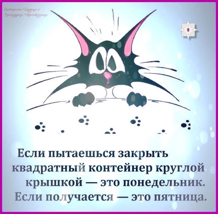 Если пытаешься закрыть квадратный контейнер круглой крышкой — это понедельник.
Если получается — это пятница.