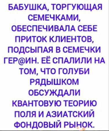 БАБУШКА, ТОРГУЮЩАЯ СЕМЕЧКАМИ, ОБЕСПЕЧИВАЛА СЕБЕ ПРИТОК КЛИЕНТОВ, ПОДСЫПАЯ В СЕМЕЧКИ ГЕР@ИН. ЕЁ СПАЛИЛИ НА ТОМ, ЧТО ГОЛУБЫЙ РЯДЫШКОМ ОБСУЖДАЛИ КВАНТОВУЮ ТЕОРИЮ ПОЛЯ И АЗИАТСКИЙ ФОНДОВЫЙ РЫНОК.