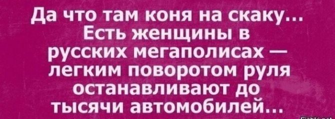 Да что там коня на скаку... Есть женщины в русских мегаполисах — легким поворотом руля останавливают до тысячи автомобилей...