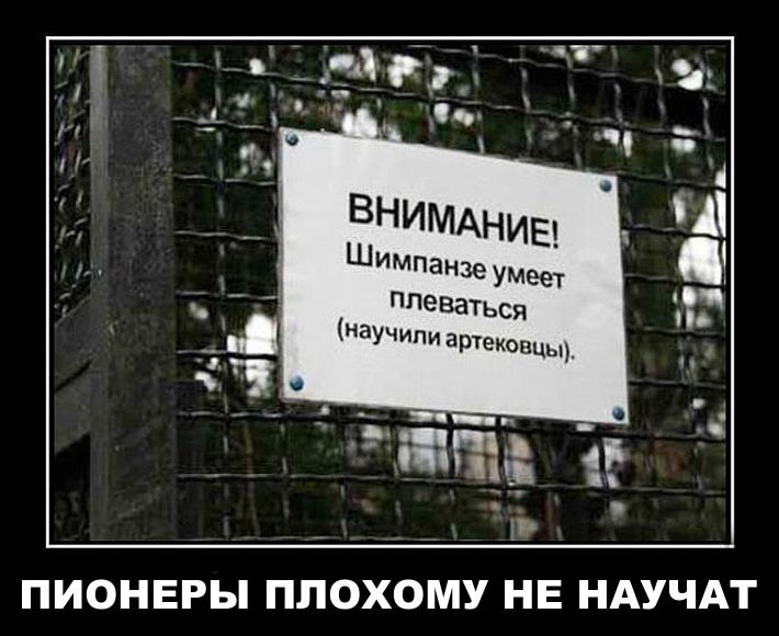 ВНИМАНИЕ!
Шимпанзе умеет плеваться
(научили артековцы).

ПИОНЕРЫ ПЛОХОМУ НЕ НАУЧАТ