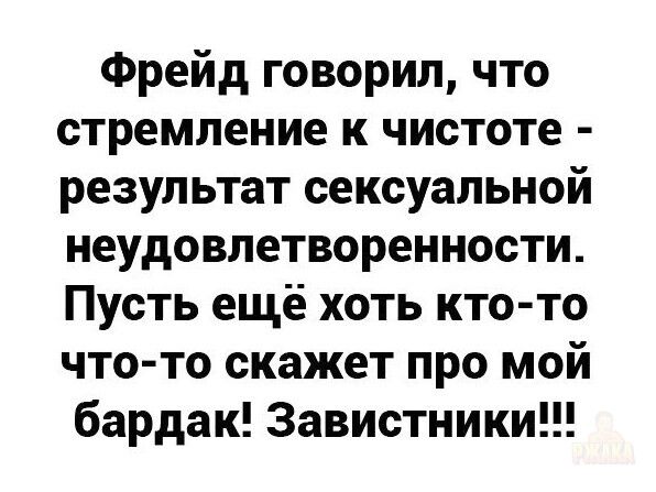 Фрейд говорил, что стремление к чистоте - результат сексуальной неудовлетворенности. Пусть ещё хоть кто-то что-то скажет про мой бардак! Завистники!!!
