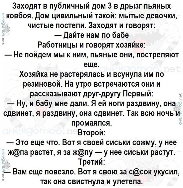 Заходят в публичный дом 3 в дрызг пьяных ковбоя. Дом цивильный такой: мытые девочки, чистые постели. Заходят и говорят:
— Дайте нам по бабе
Работницы и говорят хозяйке:
— Не пойдём мы к ним, пьяные они, постреляют еще.
Хозяйка не растерялась и всунула им по резиновой. На утро встречаются они и рассказывают друг-другу Первый:
— Ну, и бабь мне дали. Я ей ноги раздвину, она сдвинет, я раздвину, она сдвинет. Так всю ночь и промалялась.
Второй:
— Это еще что. Вот я свиску схожу, у нее ж@п@ растет, а та ж@п@ не свиска растет.
Третий:
— Вам еще повезло. Вот я свою за с@сок укусил, так она свистнула и улетела.