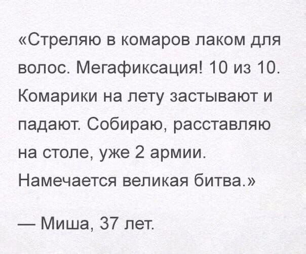 «Стреляю в комаров лаком для волос. Мегафикация! 10 из 10. Комарики на лету застывают и падают. Собираю, расставляю на столе, уже 2 армии. Намечается великая битва.»
— Миша, 37 лет.