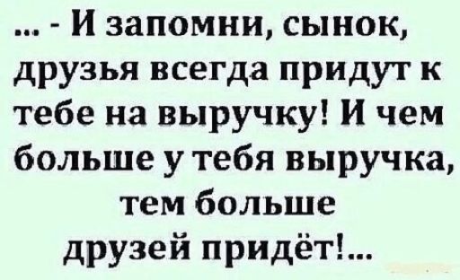 ... - И запомни, сынок, друзья всегда придут к тебе на выручку! И чем больше у тебя выручка, тем больше друзей придёт!..