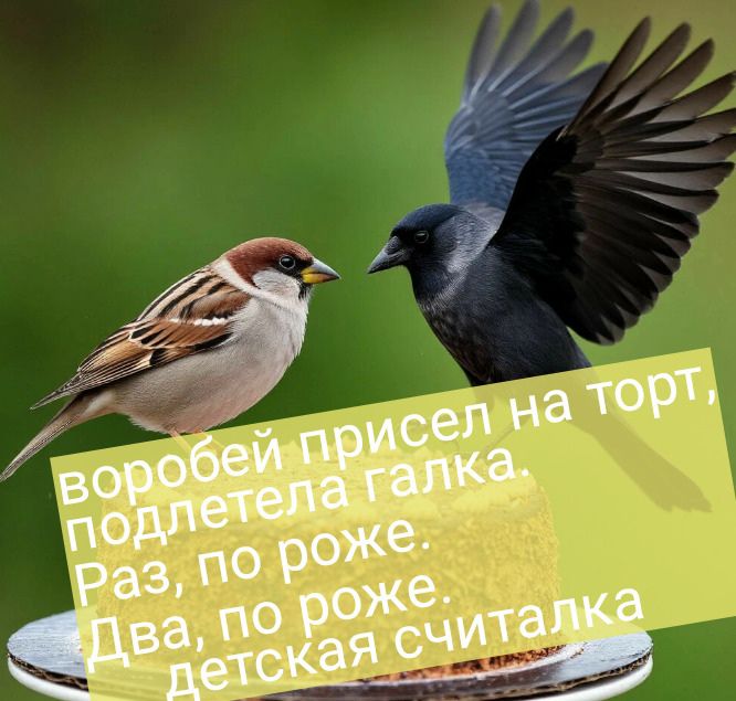 Воробей присел на торт, подлетела галка. Раз, по роже. Два, по роже. детская считалка