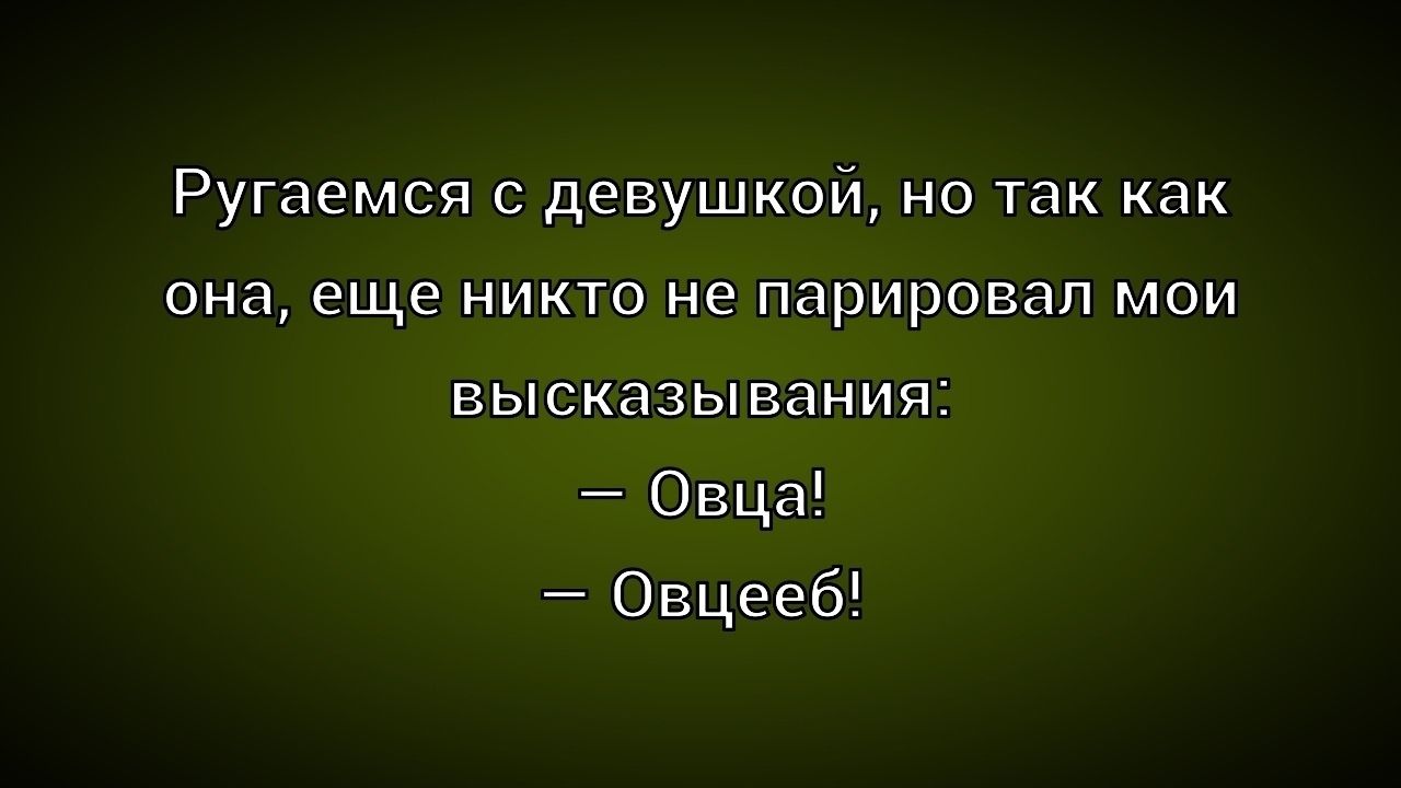 Ругаемся с девушкой, но так как она, еще никто не парировал мои высказывания:
– Овца!
– Овщееб!
