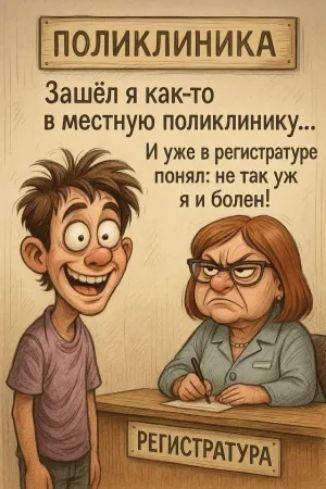 ПОЛИКЛИНИКА
Зашёл я как-то в местную поликлинику...
И уже в регистратуре понял: не так уж я и болен!