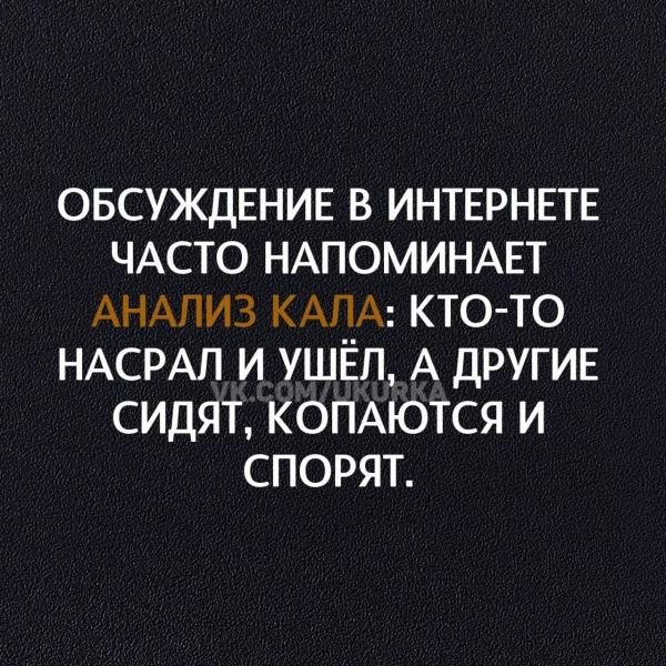 ОБСУЖДЕНИЕ В ИНТЕРНЕТЕ ЧАСТО НАПОМИНАЕТ АНАЛИЗ КАЛА: КТО-ТО НАСРАЛ И УШЁЛ, А ДРУГИЕ СИДЯТ, КОПАЮТСЯ И СПОРЯТ.